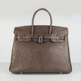 Hermes Birkin 35Cm Ostrich Stripe Handbags Dark Coffee Silver